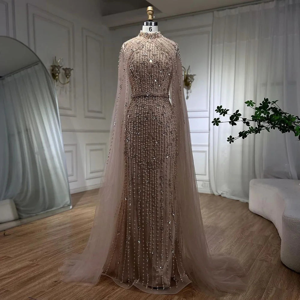 Luxury Modest Nude Pearls Beaded Evening Dress With Long Sleeves Cape LA72372