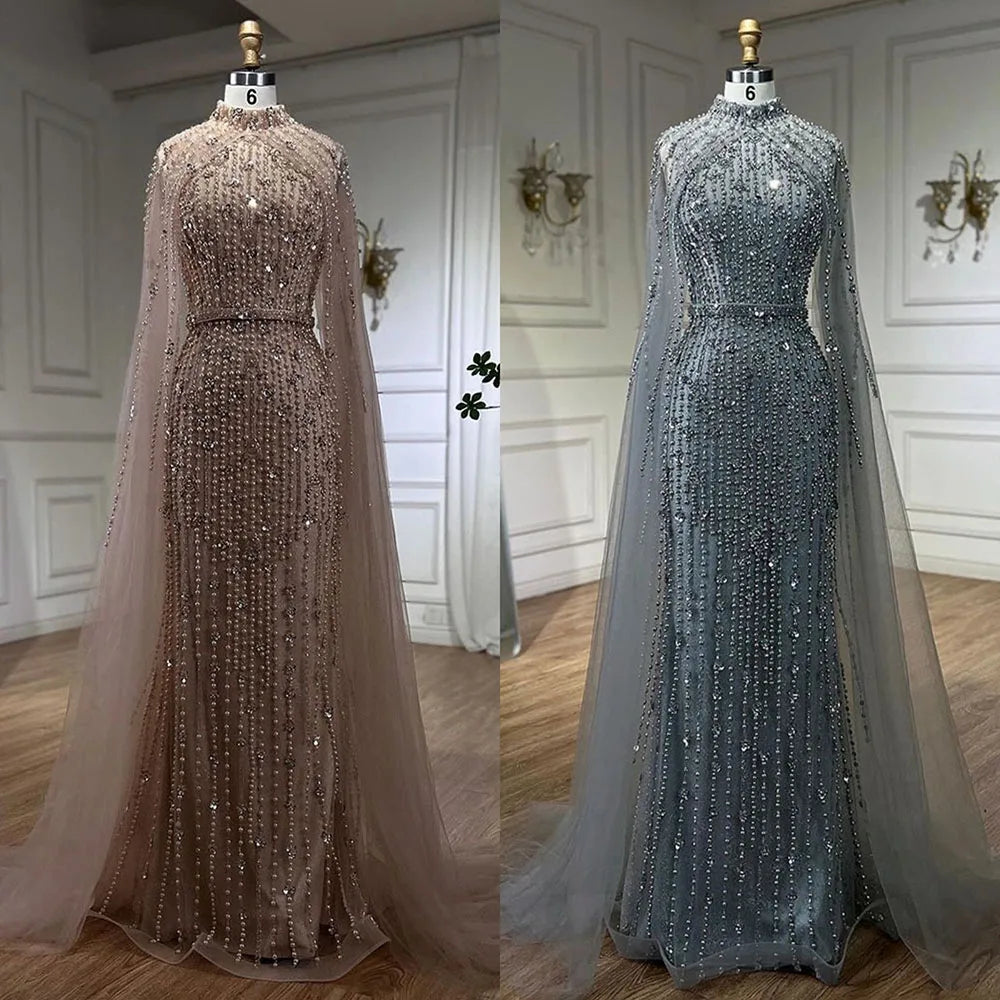 Luxury Modest Nude Pearls Beaded Evening Dress With Long Sleeves Cape LA72372
