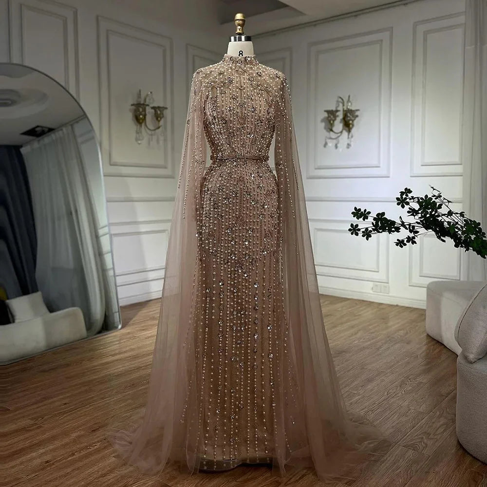 Luxury Modest Nude Pearls Beaded Evening Dress With Long Sleeves Cape LA72372