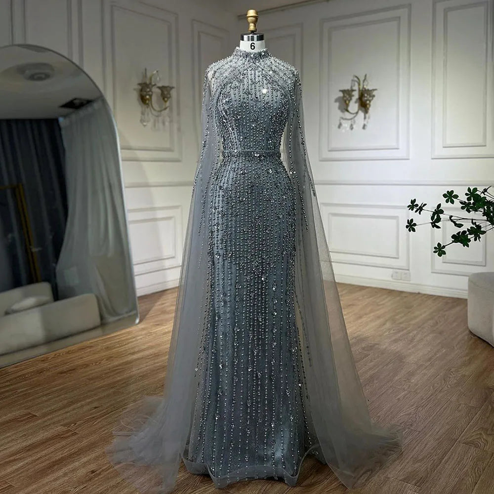 Luxury Modest Nude Pearls Beaded Evening Dress With Long Sleeves Cape LA72372