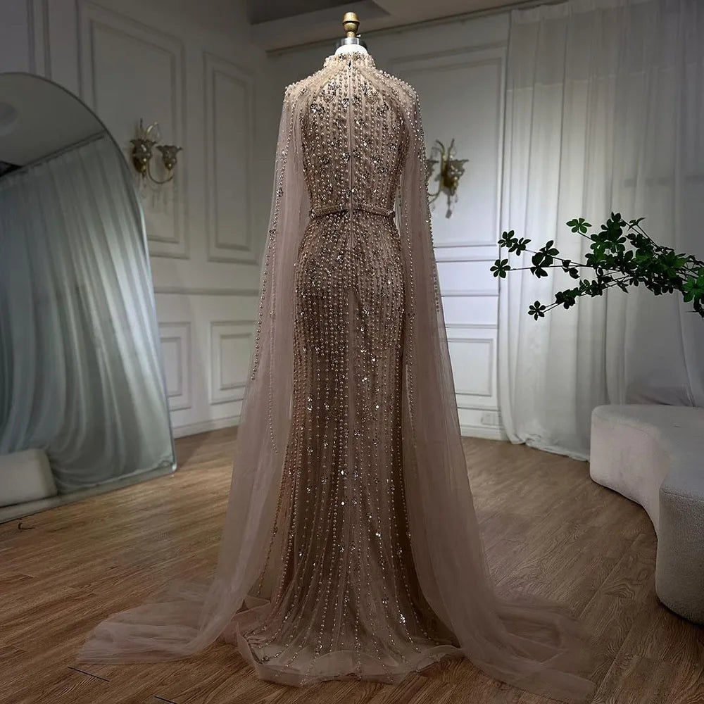 Luxury Modest Nude Pearls Beaded Evening Dress With Long Sleeves Cape LA72372