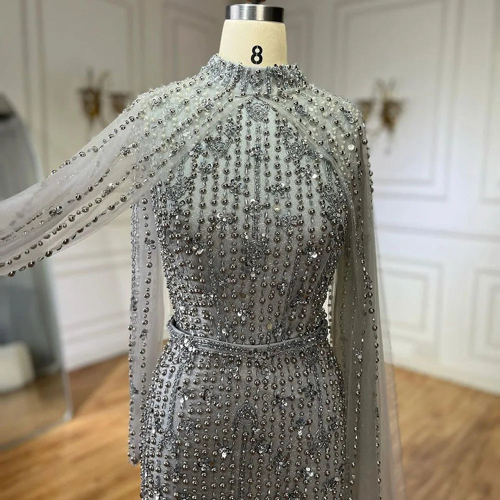 Luxury Modest Nude Pearls Beaded Evening Dress With Long Sleeves Cape LA72372