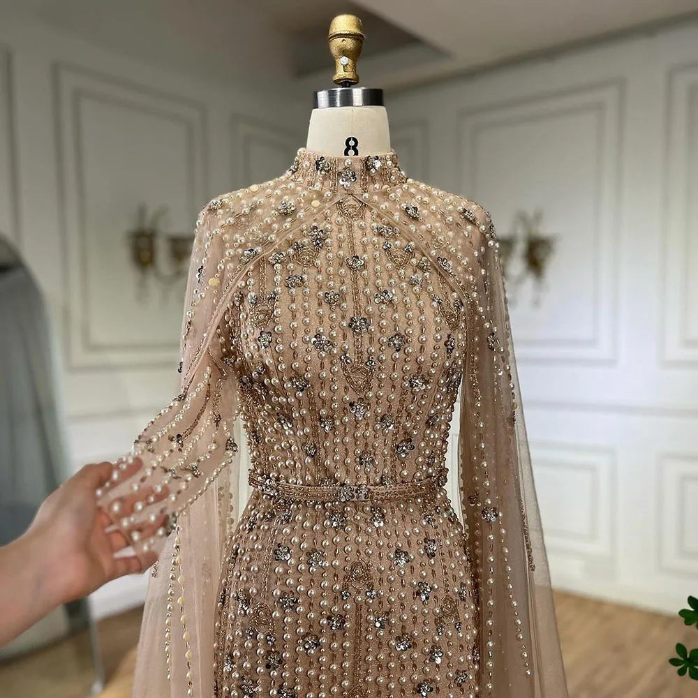Luxury Modest Nude Pearls Beaded Evening Dress With Long Sleeves Cape LA72372