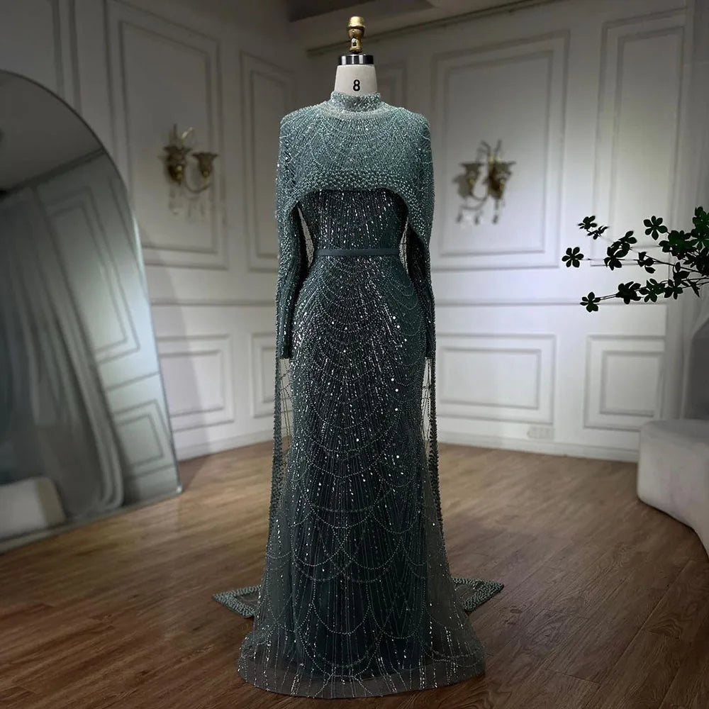Luxury Nude Mermaid Evening Dress with Cape Dubai Arabic Style LA72032M