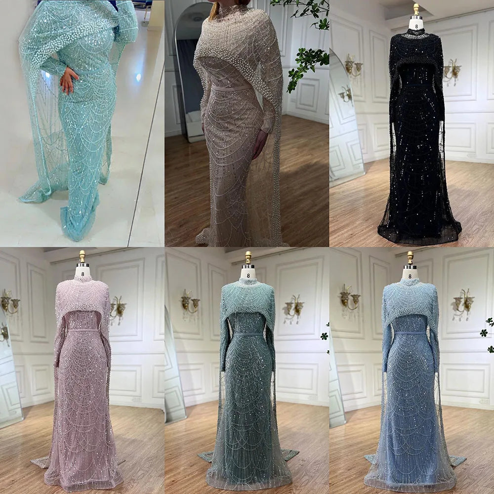 Luxury Nude Mermaid Evening Dress with Cape Dubai Arabic Style LA72032M
