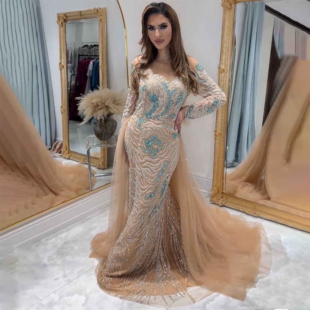 Muslim Nude Mermaid Evening Dress with Overskirt Split Beaded LA71995
