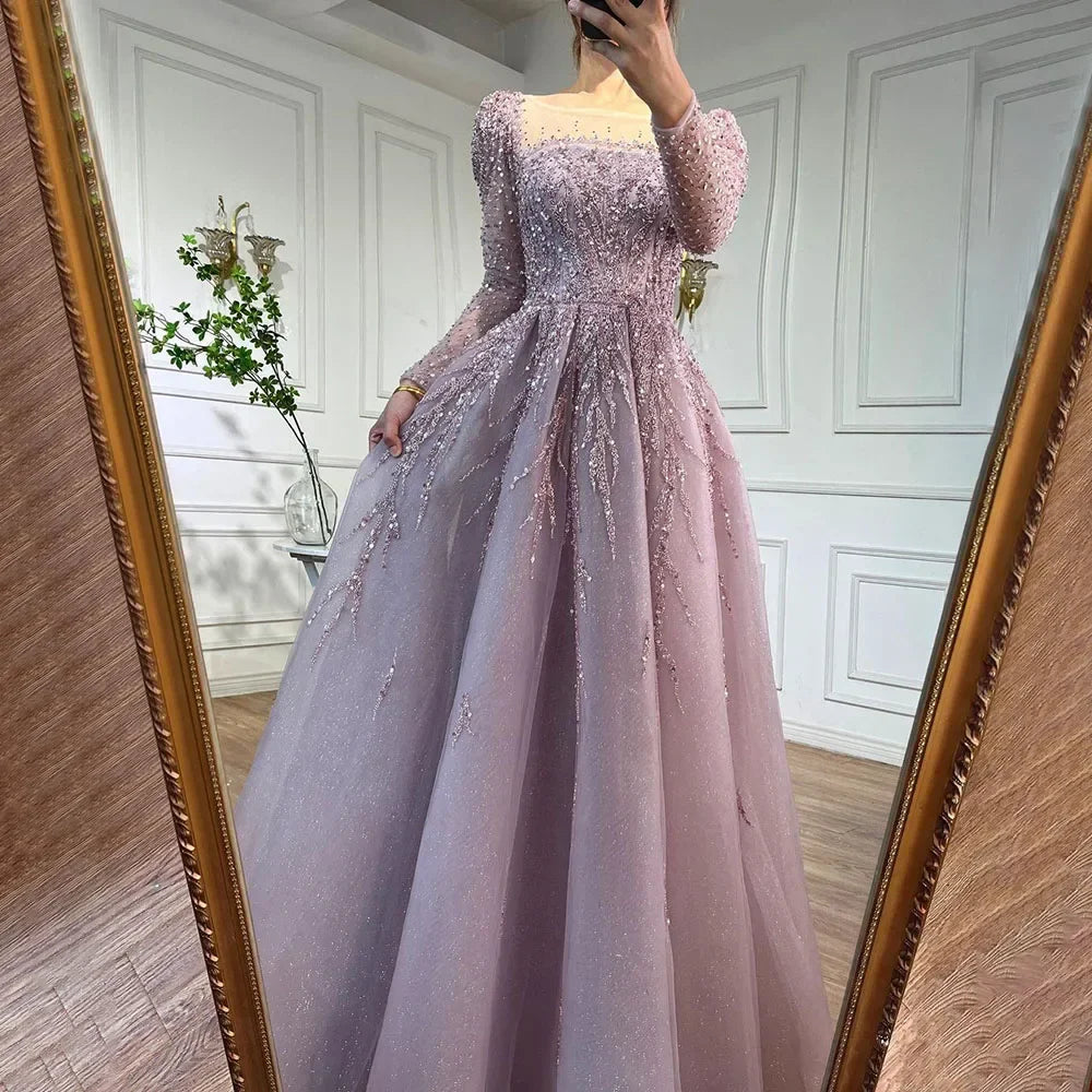 Luxury Dusty Pink Long Sleeves A-Line Evening Dress LA71915