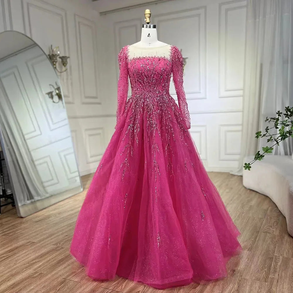 Luxury Dusty Pink Long Sleeves A-Line Evening Dress LA71915