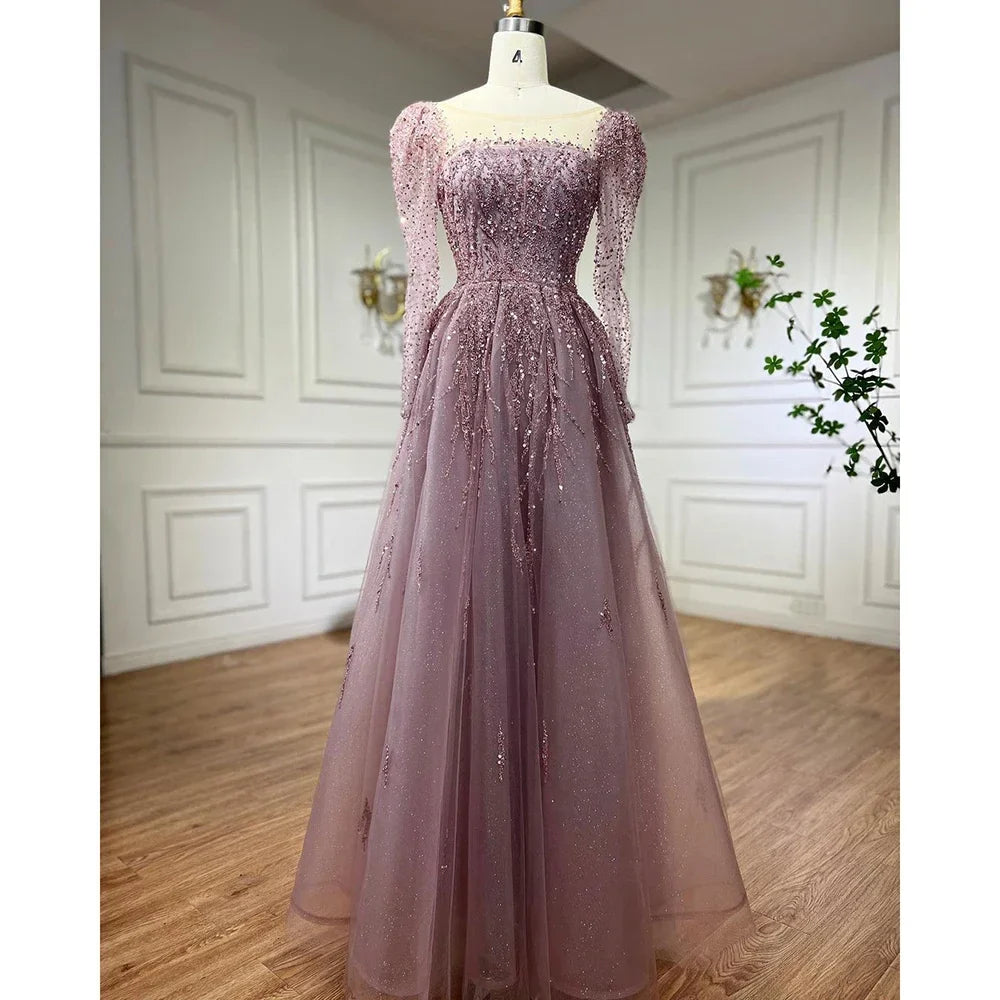 Luxury Dusty Pink Long Sleeves A-Line Evening Dress LA71915