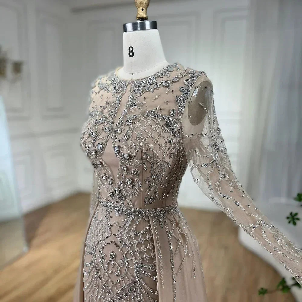 Serene Hill Muslim Silver Nude Mermaid Gown with Detachable Overskirt Beaded Evening Dress for Women Wedding Party LA71919