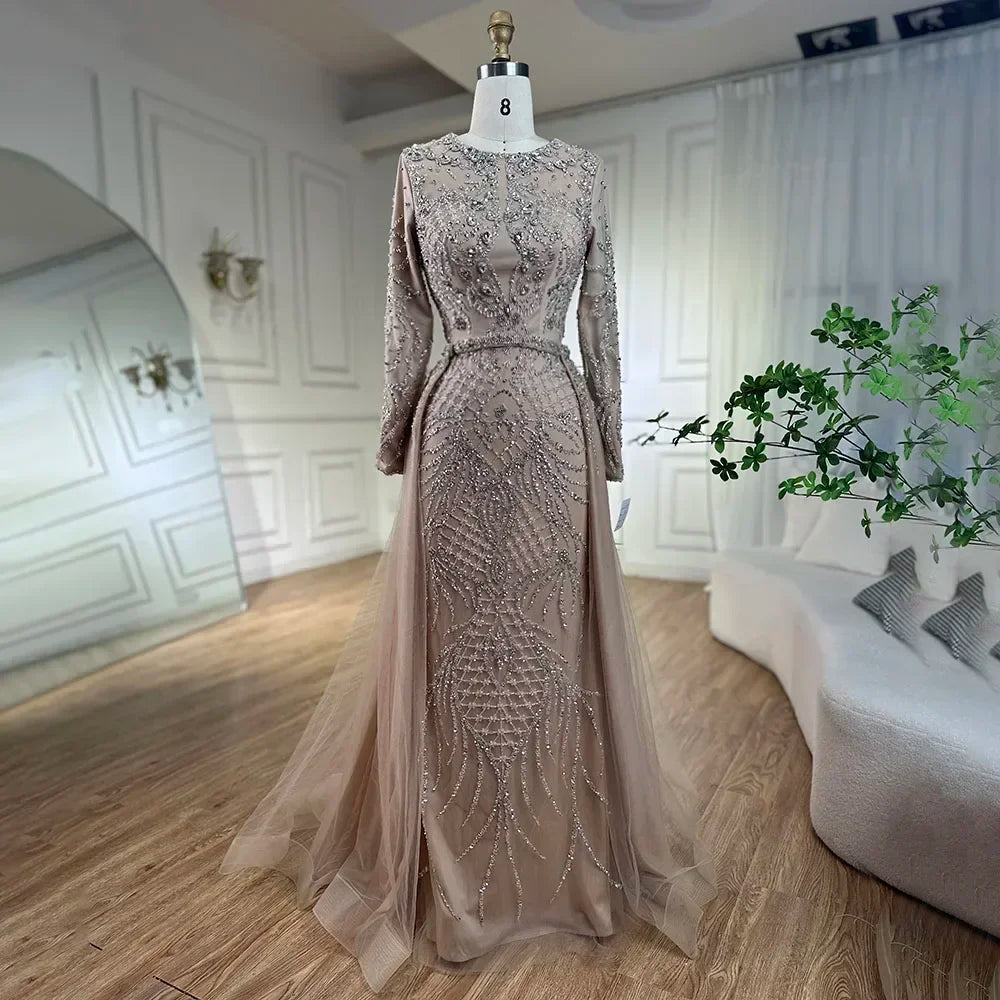 Serene Hill Muslim Silver Nude Mermaid Gown with Detachable Overskirt Beaded Evening Dress for Women Wedding Party LA71919