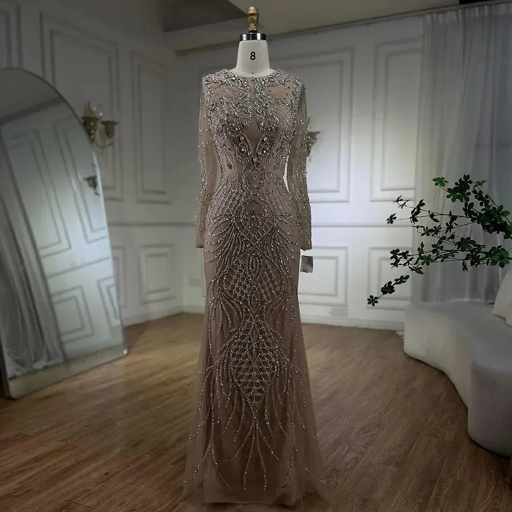 Serene Hill Muslim Silver Nude Mermaid Gown with Detachable Overskirt Beaded Evening Dress for Women Wedding Party LA71919