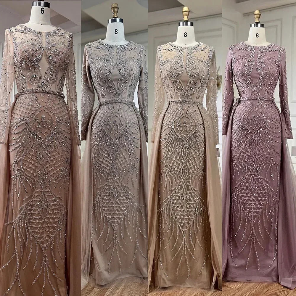 Serene Hill Muslim Silver Nude Mermaid Gown with Detachable Overskirt Beaded Evening Dress for Women Wedding Party LA71919