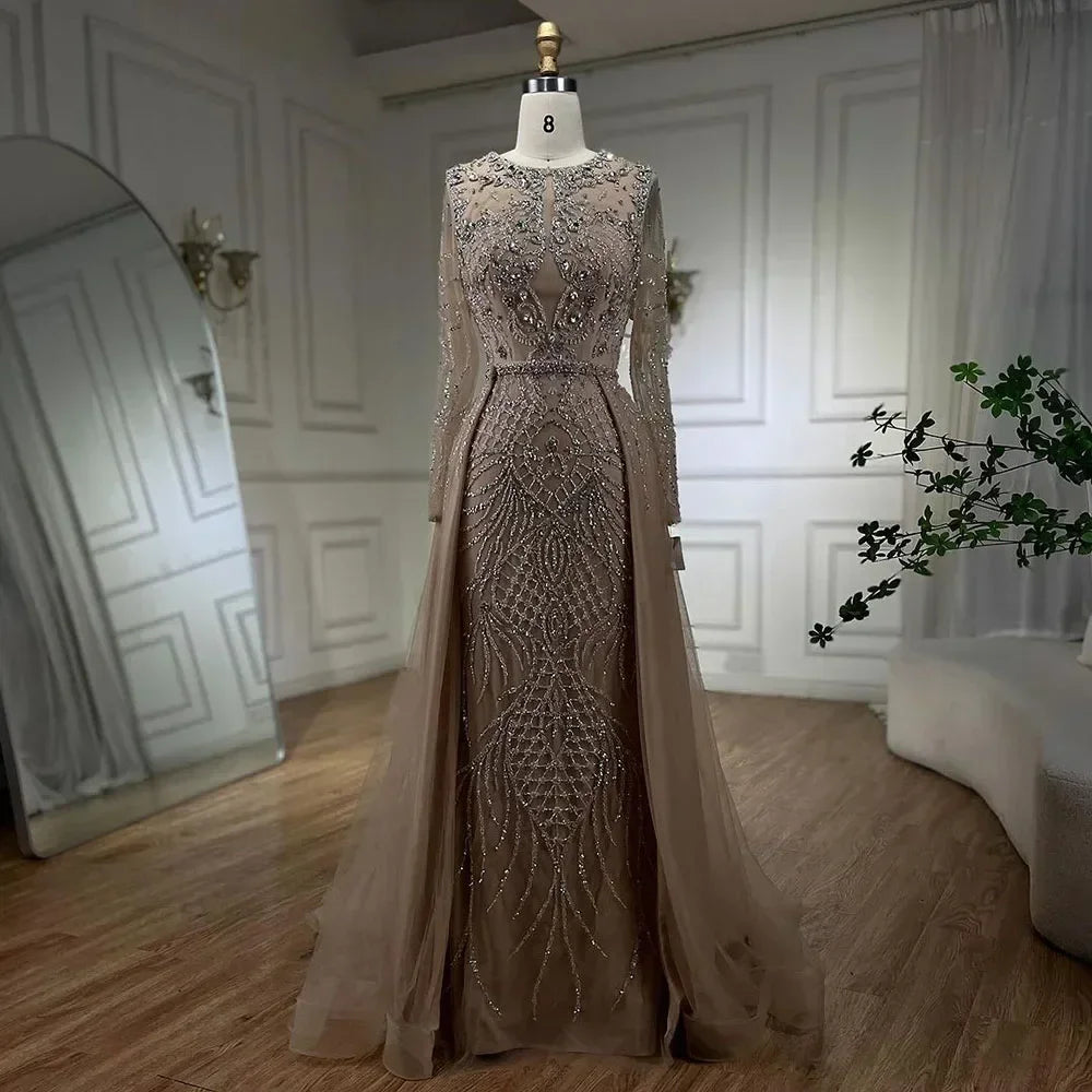 Serene Hill Muslim Silver Nude Mermaid Gown with Detachable Overskirt Beaded Evening Dress for Women Wedding Party LA71919