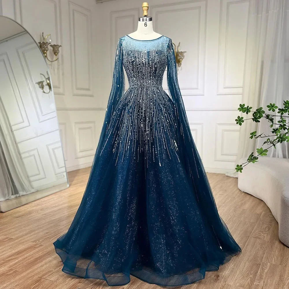 Luxury Blue A-Line Evening Dresses with Cape Sleeve LA72248A