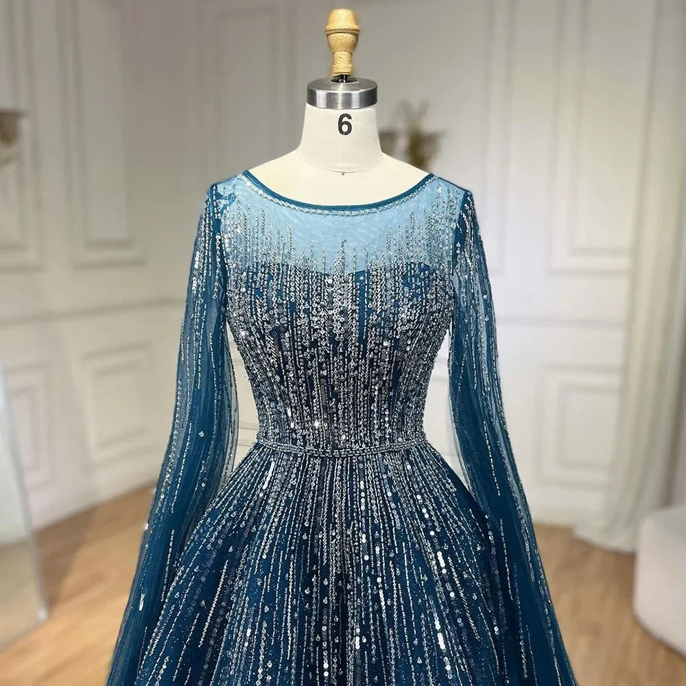Luxury Blue A-Line Evening Dresses with Cape Sleeve LA72248A