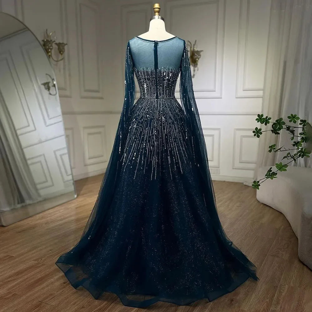 Luxury Blue A-Line Evening Dresses with Cape Sleeve LA72248A
