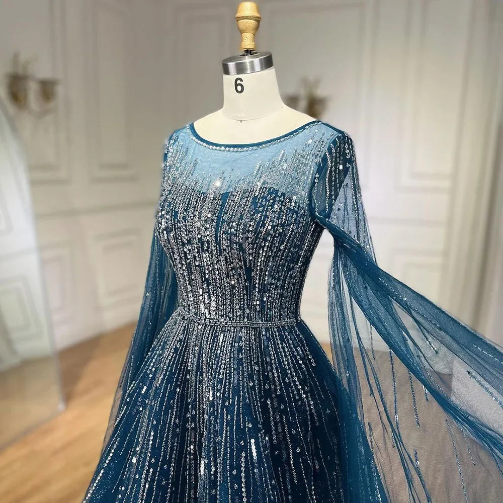 Luxury Blue A-Line Evening Dresses with Cape Sleeve LA72248A