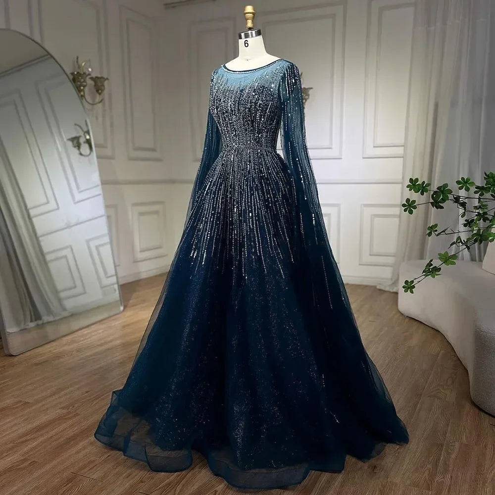 Luxury Blue A-Line Evening Dresses with Cape Sleeve LA72248A