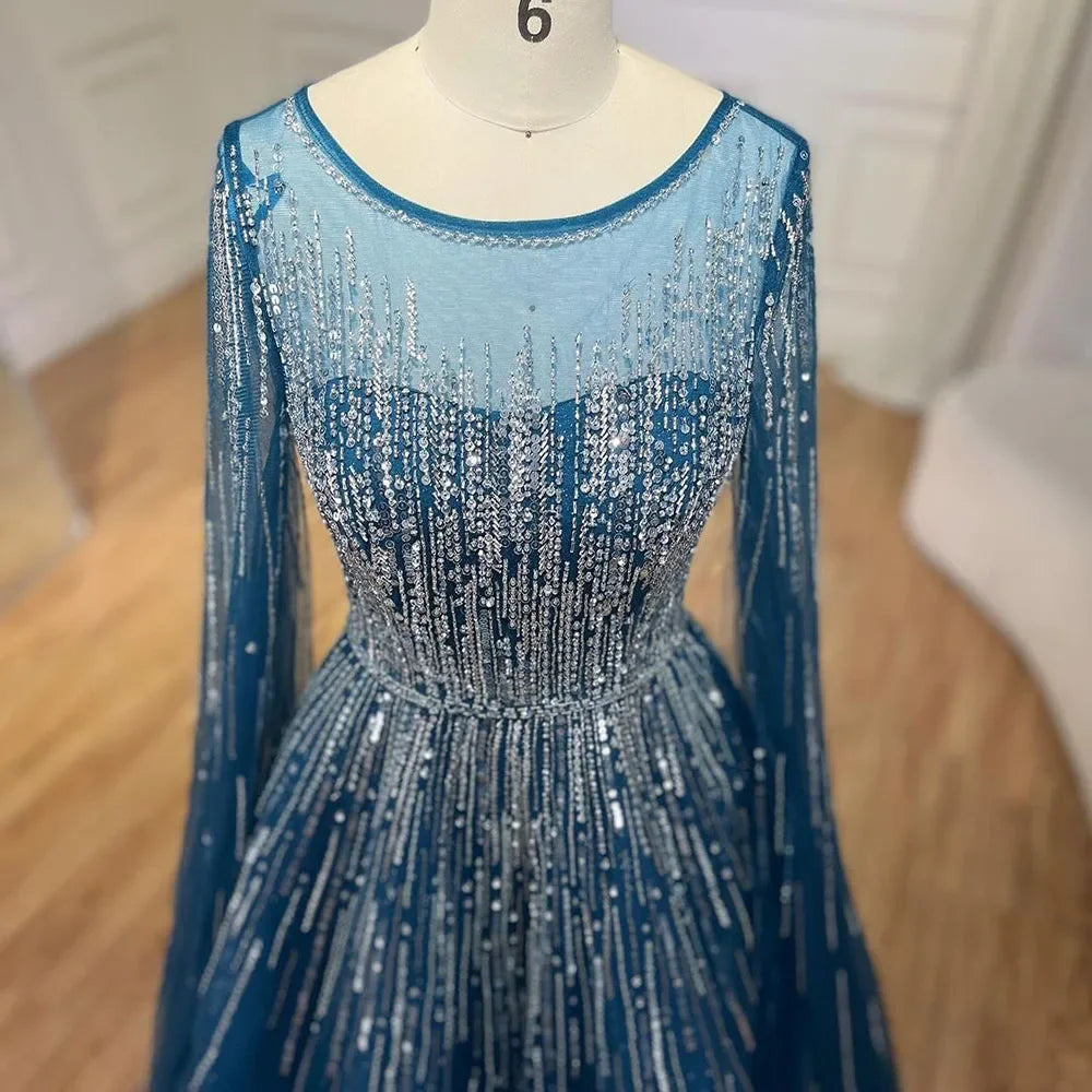 Luxury Blue A-Line Evening Dresses with Cape Sleeve LA72248A