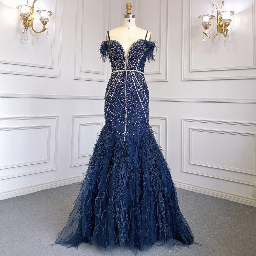 Luxury Feathers Navy Blue Prom Evening Dresses LA71656