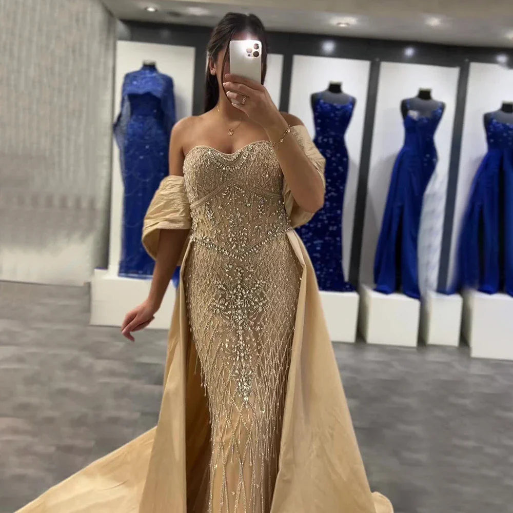 Luxury Dubai Nude Beaded Mermaid Evening Gown Off Shoulder Shawl Crystal Detailing for Formal Occasion LA72819