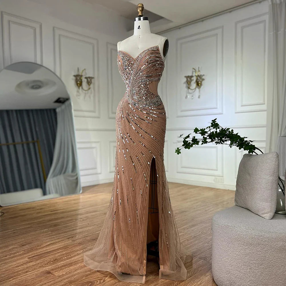 Luxury Dubai Nude Beaded Mermaid Evening Gown with High Split for Formal Occasion LA72904