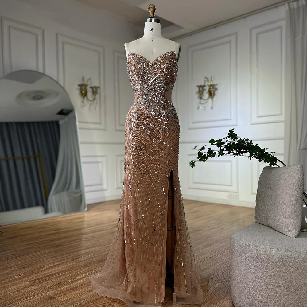 Luxury Dubai Nude Beaded Mermaid Evening Gown with High Split for Formal Occasion LA72904