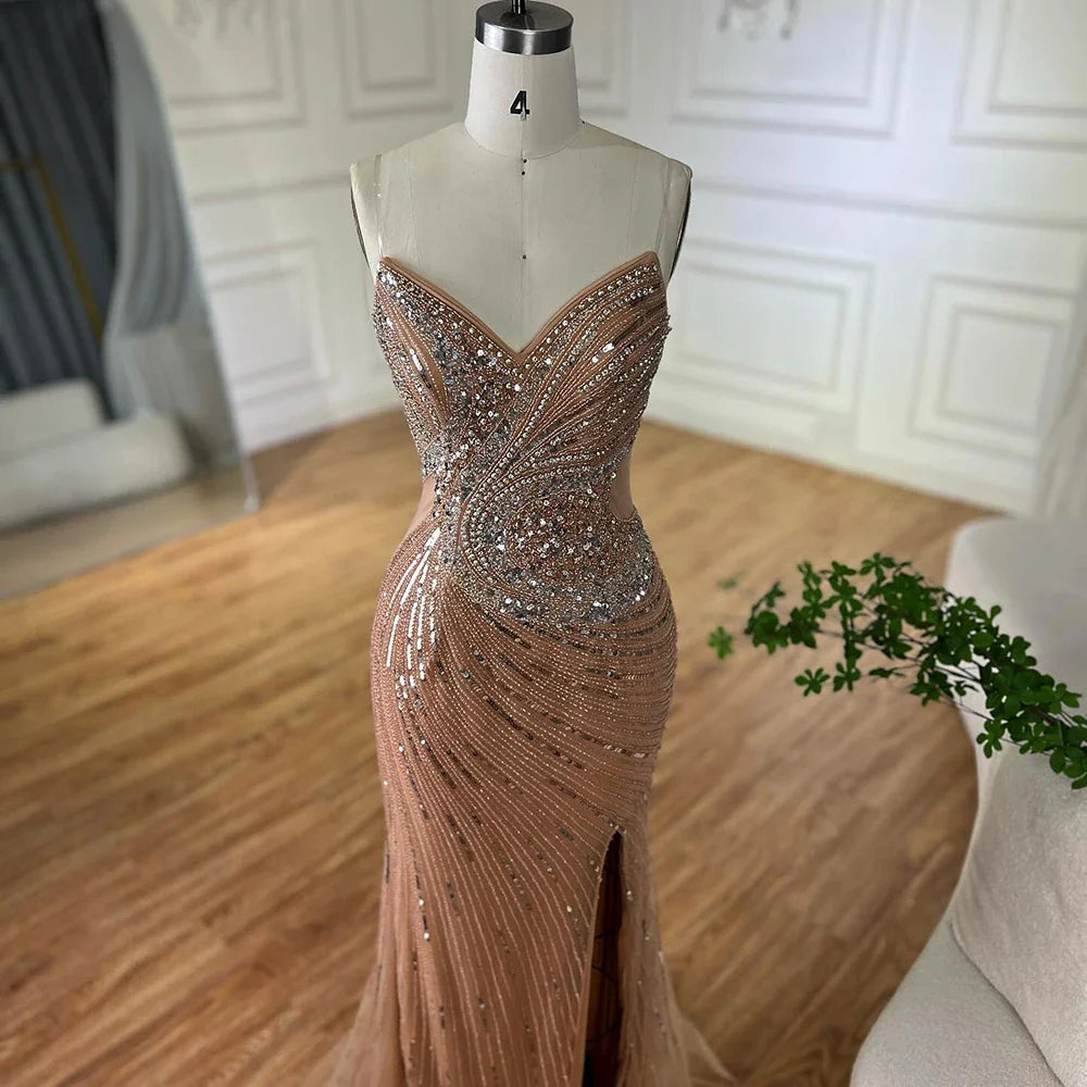 Luxury Dubai Nude Beaded Mermaid Evening Gown with High Split for Formal Occasion LA72904