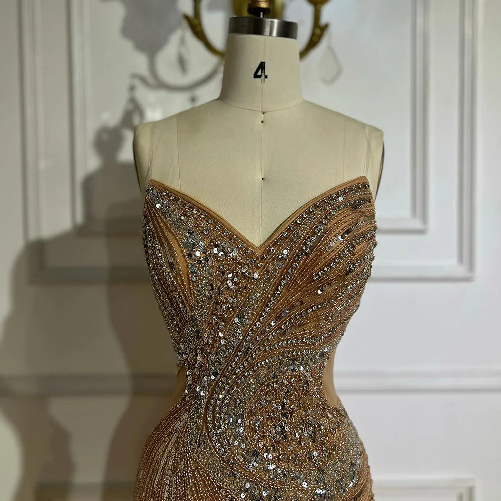 Luxury Dubai Nude Beaded Mermaid Evening Gown with High Split for Formal Occasion LA72904