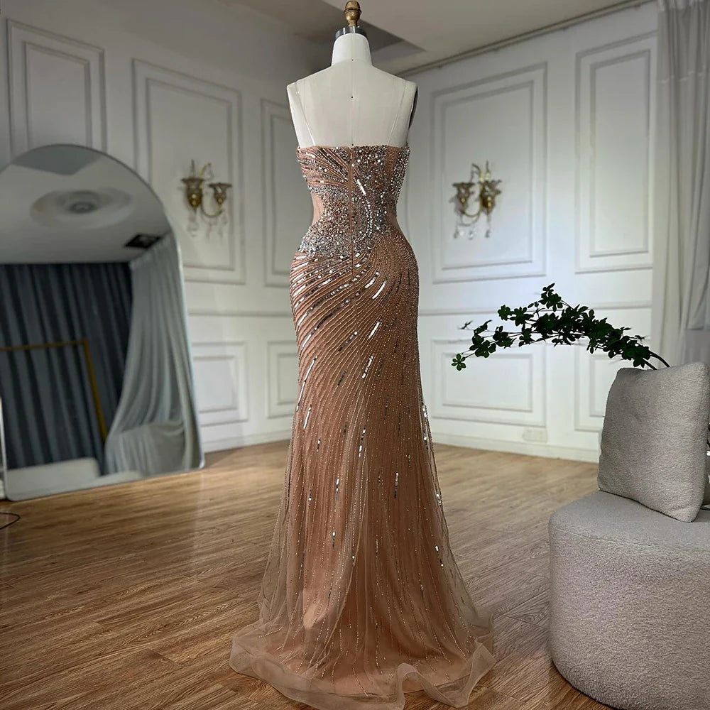 Luxury Dubai Nude Beaded Mermaid Evening Gown with High Split for Formal Occasion LA72904