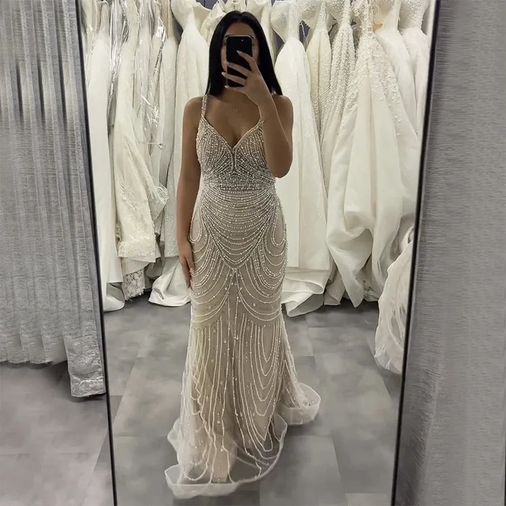 Nude Beaded Arabic Evening Gown with Spaghetti Straps LA72253A