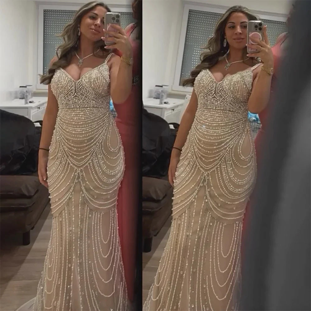Nude Beaded Arabic Evening Gown with Spaghetti Straps LA72253A