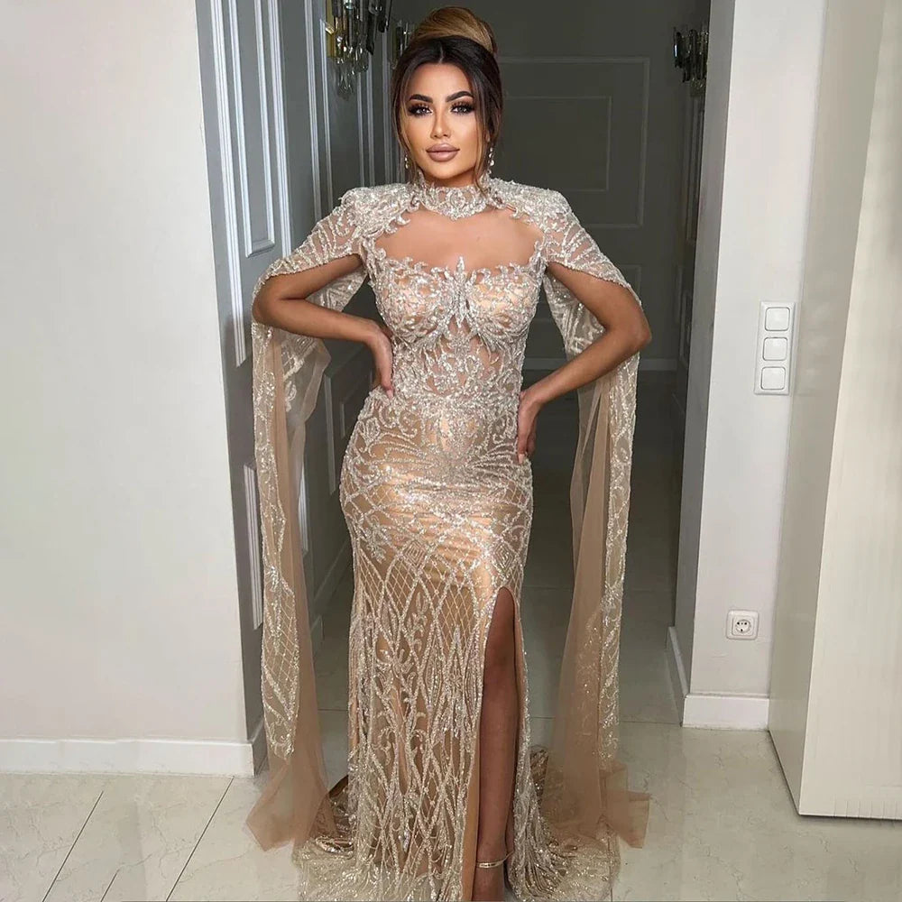 Luxury Nude Beaded Mermaid Evening Dress with Cape LA71747