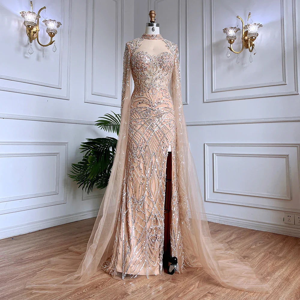 Luxury Nude Beaded Mermaid Evening Dress with Cape LA71747
