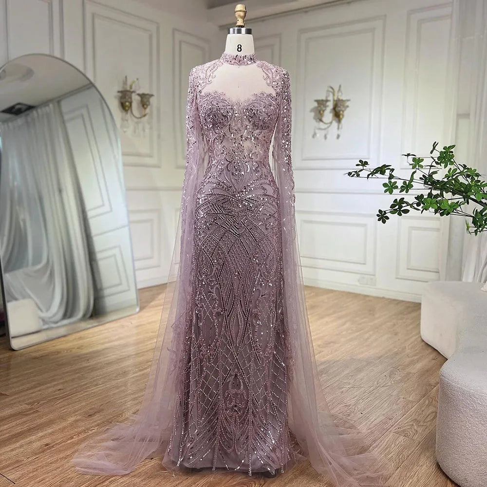 Luxury Nude Beaded Mermaid Evening Dress with Cape LA71747