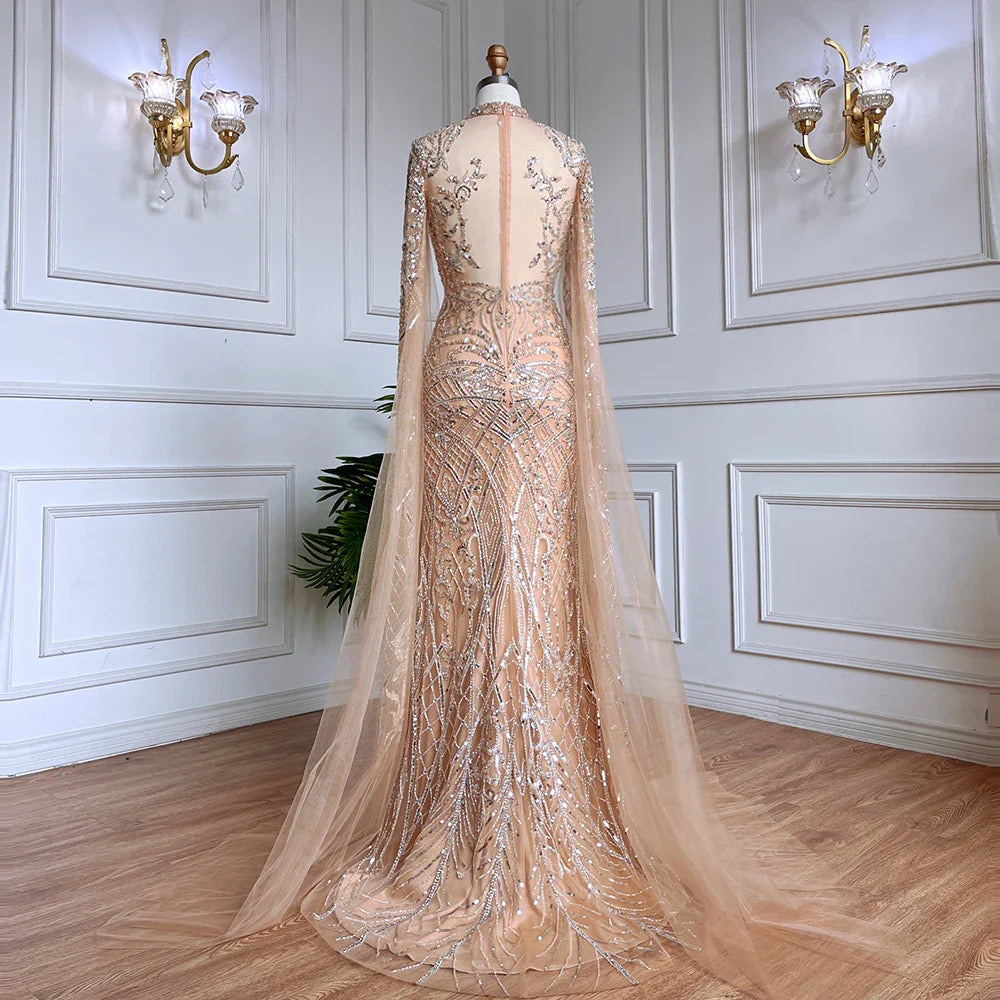 Luxury Nude Beaded Mermaid Evening Dress with Cape LA71747