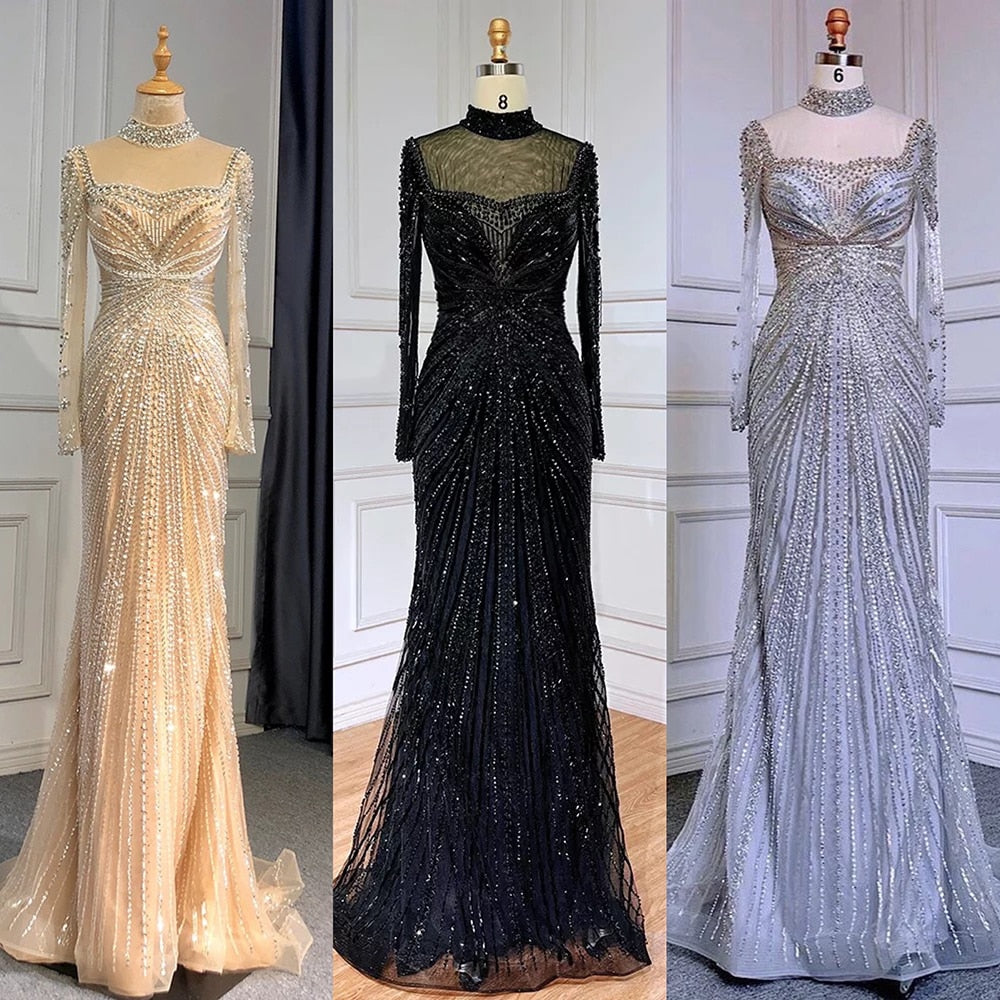 Luxury Nude Modest Beaded Tassel Mermaid Evening Dress LA71533
