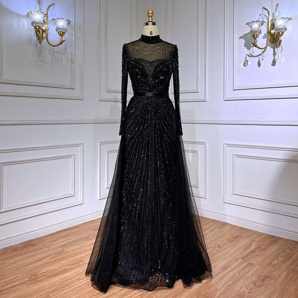 Luxury Nude Modest Beaded Tassel Mermaid Evening Dress LA71533