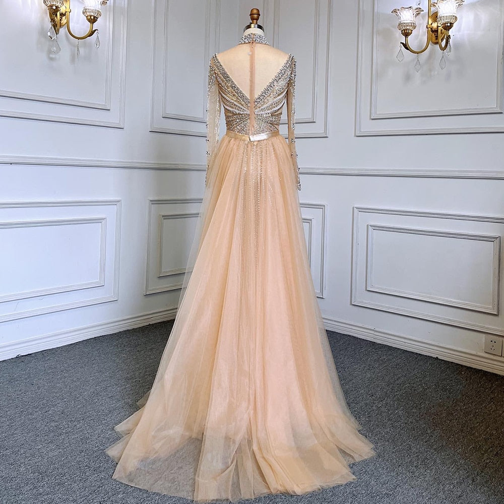 Luxury Nude Modest Beaded Tassel Mermaid Evening Dress LA71533