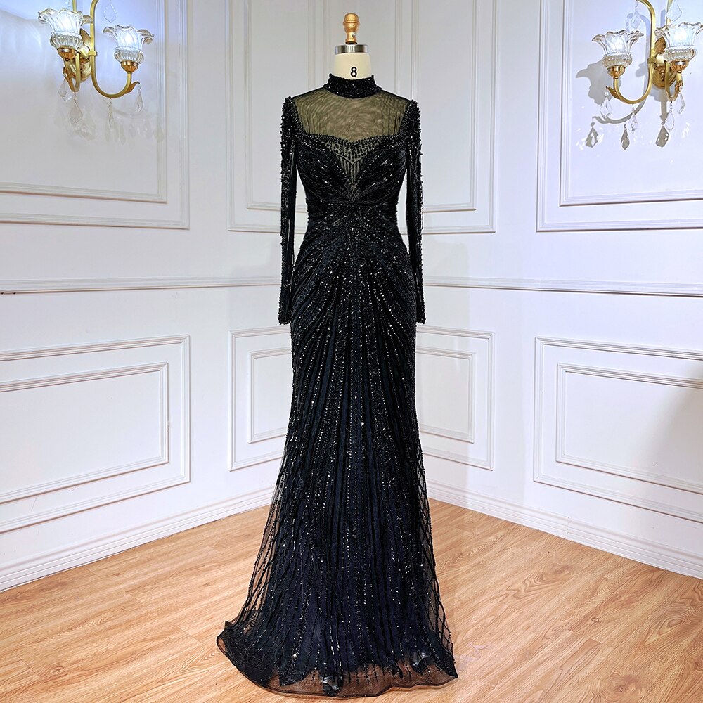 Luxury Nude Modest Beaded Tassel Mermaid Evening Dress LA71533