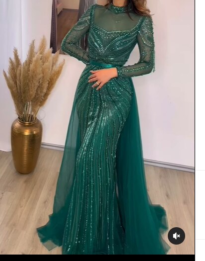 Luxury Nude Modest Beaded Tassel Mermaid Evening Dress LA71533