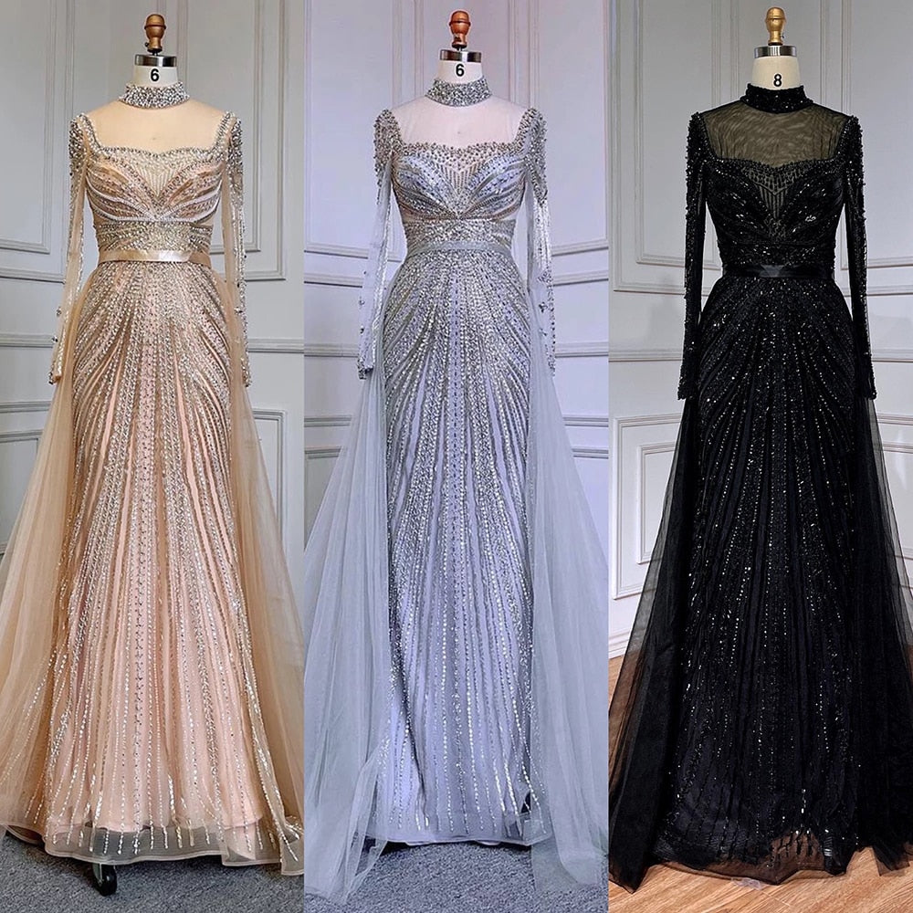 Luxury Nude Modest Beaded Tassel Mermaid Evening Dress LA71533