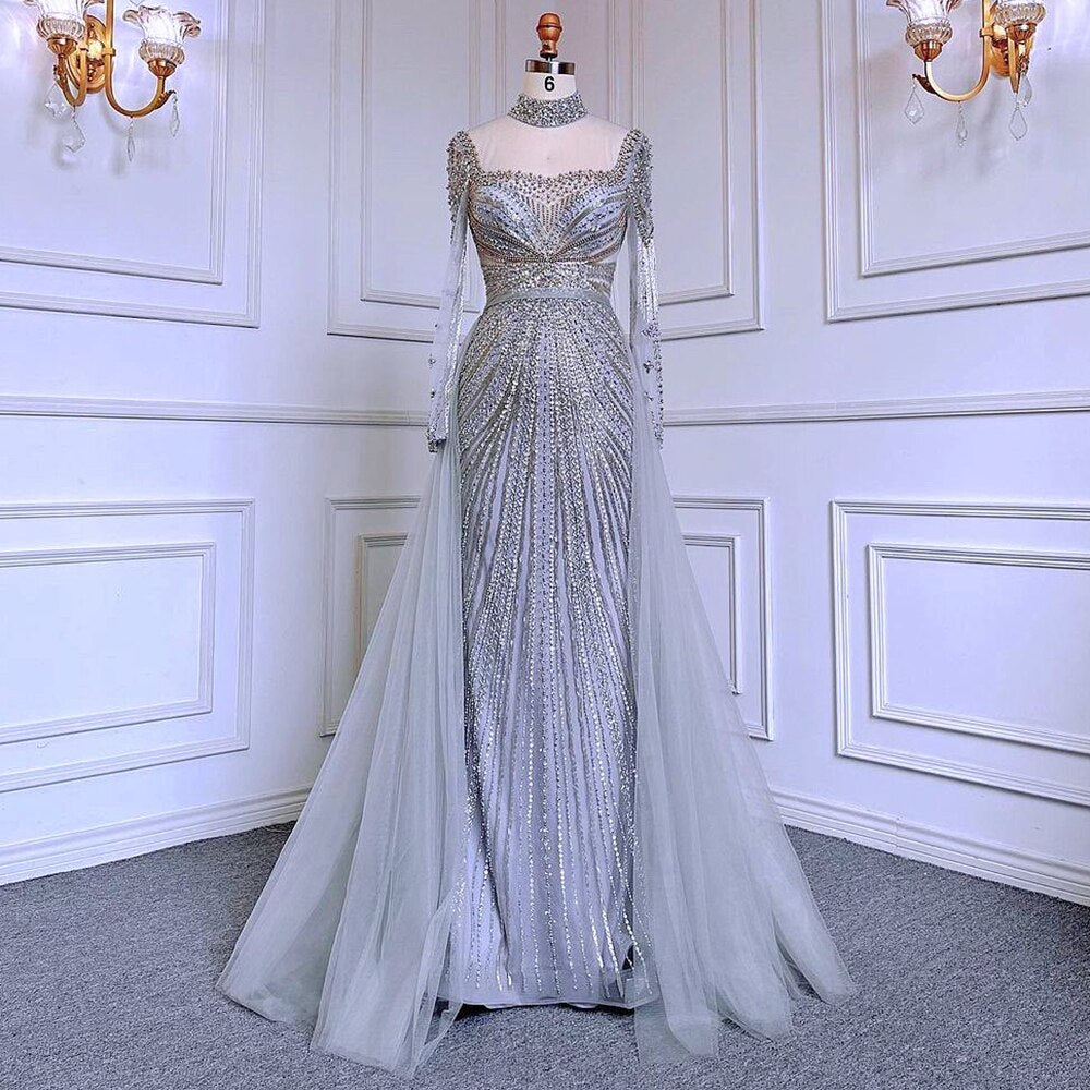 Luxury Nude Modest Beaded Tassel Mermaid Evening Dress LA71533