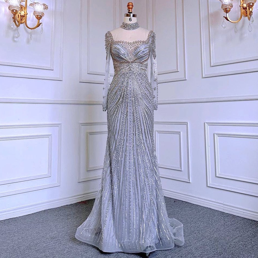 Luxury Nude Modest Beaded Tassel Mermaid Evening Dress LA71533