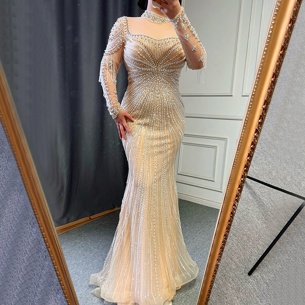 Luxury Nude Modest Beaded Tassel Mermaid Evening Dress LA71533