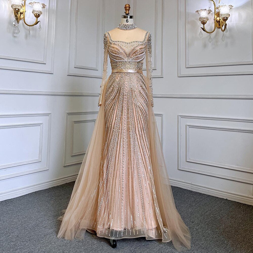 Luxury Nude Modest Beaded Tassel Mermaid Evening Dress LA71533
