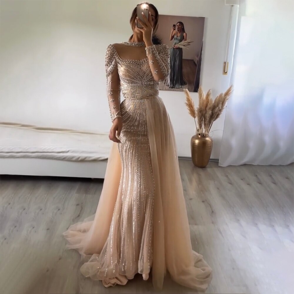 Luxury Nude Modest Beaded Tassel Mermaid Evening Dress LA71533