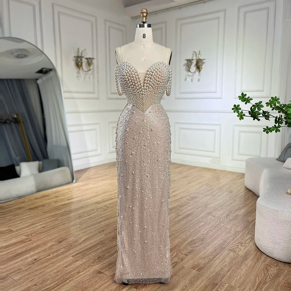 Serene Hill Nude Spaghetti Straps Mermaid Evening Dress with Beaded Pearls - Luxury Dubai Gown for Women's Wedding Party LA72393