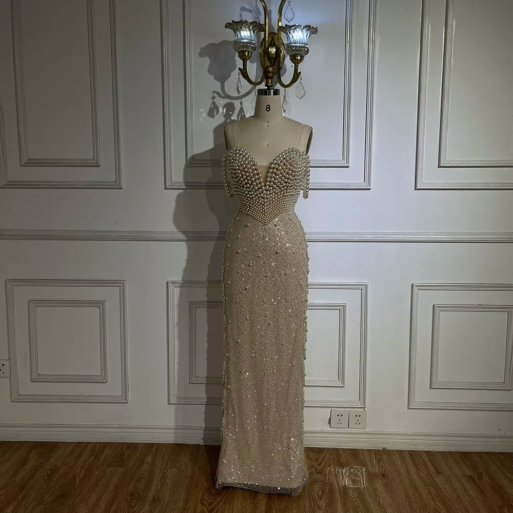Serene Hill Nude Spaghetti Straps Mermaid Evening Dress with Beaded Pearls - Luxury Dubai Gown for Women's Wedding Party LA72393